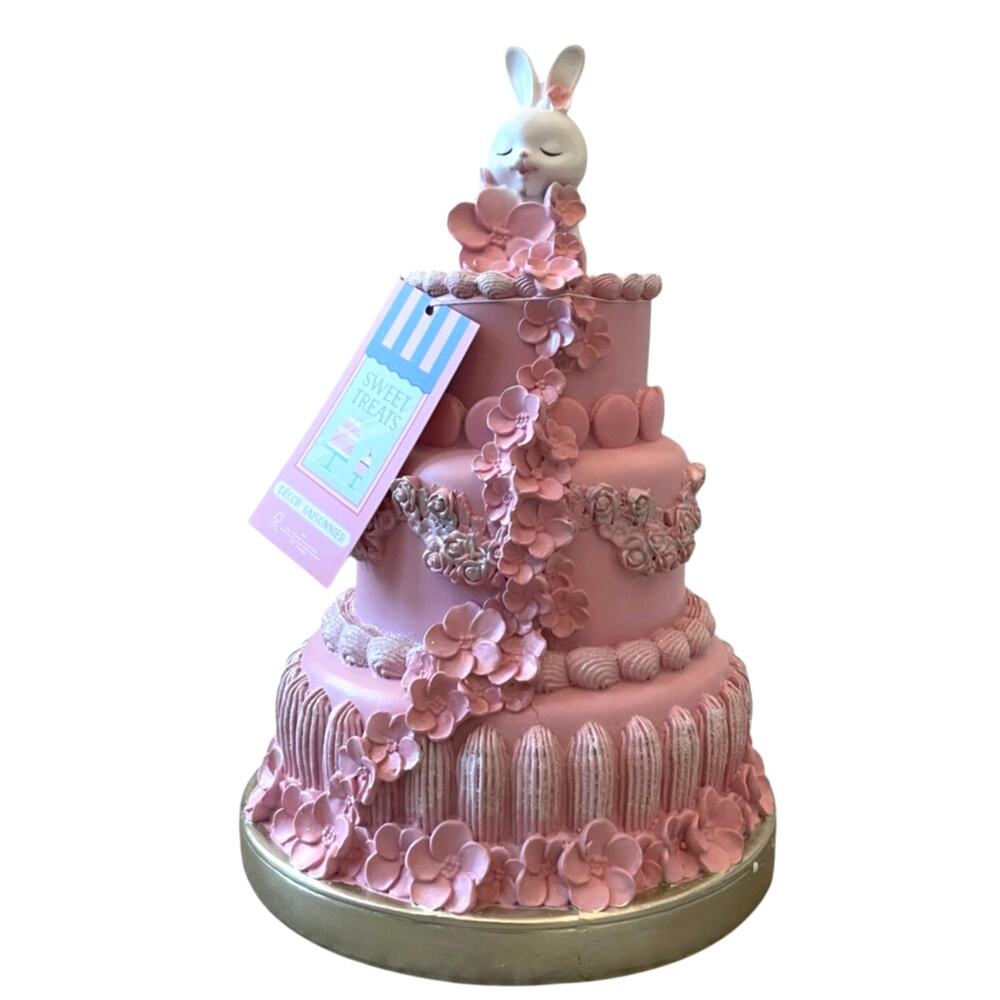 Sweet Treats 13in Pink Floral Easter Bunny Faux Cake with Macaroons Decor NEW